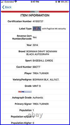 2014 Bowman Draft Trea Turner RC AUTO VIOLET /10 Black Collection PSA 9 POP 1
