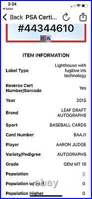 2015 Leaf Metal Draft Aaron Judge RC Auto PSA 10 POP 5 RARE YANKEES ROY MVP