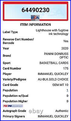 2020-21 Panini Donruss Optic Immanuel Quickley 175 Black Gold Choice 3/8 POP 1