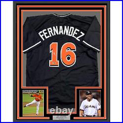 Framed Facsimile Autographed Jose Fernandez 35x39 Miami Black Reprint Jersey