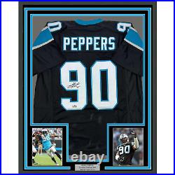 Framed Facsimile Autographed Julius Peppers 35x39 Carolina Black Reprint Jersey