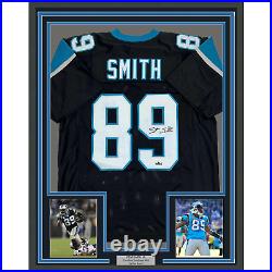 Framed Facsimile Autographed Steve Smith Sr. 35x39 Carolina Black Reprint Jersey