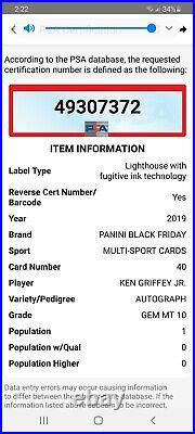 Ken Griffey jr PSA GEM 10 2019 Panini Black Friday Auto Autograph 7/10. POP 1