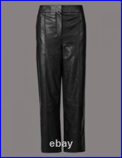 M&s Autograph Black Leather Straight Leg Cropped Trousers