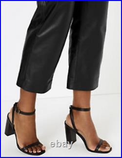 M&s Autograph Black Leather Straight Leg Cropped Trousers