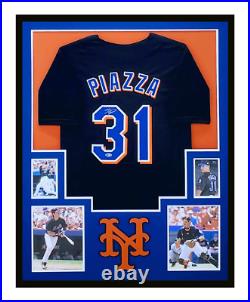 Mike Piazza Autographed & Framed Black New York Mets Jersey Beckett COA 35x43