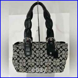 New Coach Black Leather & Gray Signature Jacquard Handbag Satchel Shoulder Bag