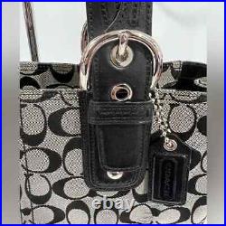 New Coach Black Leather & Gray Signature Jacquard Handbag Satchel Shoulder Bag