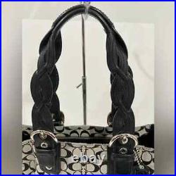 New Coach Black Leather & Gray Signature Jacquard Handbag Satchel Shoulder Bag