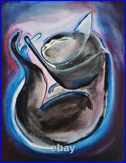 Original Black Cat Painting Outer Space Contemporary Signed Art Samantha McLean