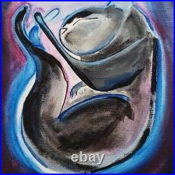 Original Black Cat Painting Outer Space Contemporary Signed Art Samantha McLean