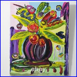 Pop Art Flowers in Black and Purple Vase 16x20 Canvas Signed Mira COA